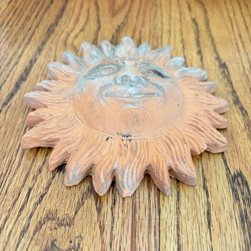 Vintage Terracotta Sun Face Wall Plaque Rustic Clay Celestial Garden Decor 6